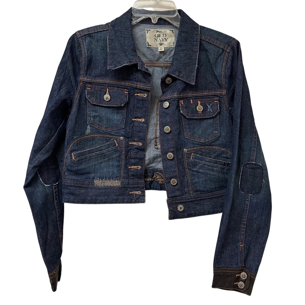 Vtg Old Navy Women's Dark Wash Cropped Denim Jacket Leather Trim Fall Medium